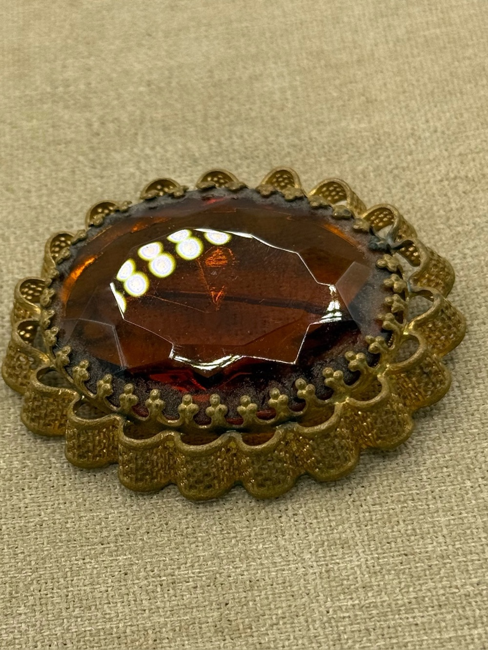 Vintage large west Germany Amber colored Glass filigree Stone Brooch